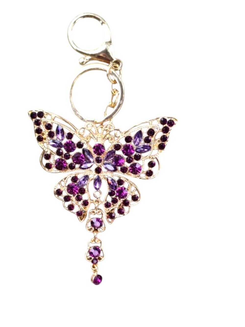 Gold Butterfly Bag Charm  Keychain with Purple Rhinestones